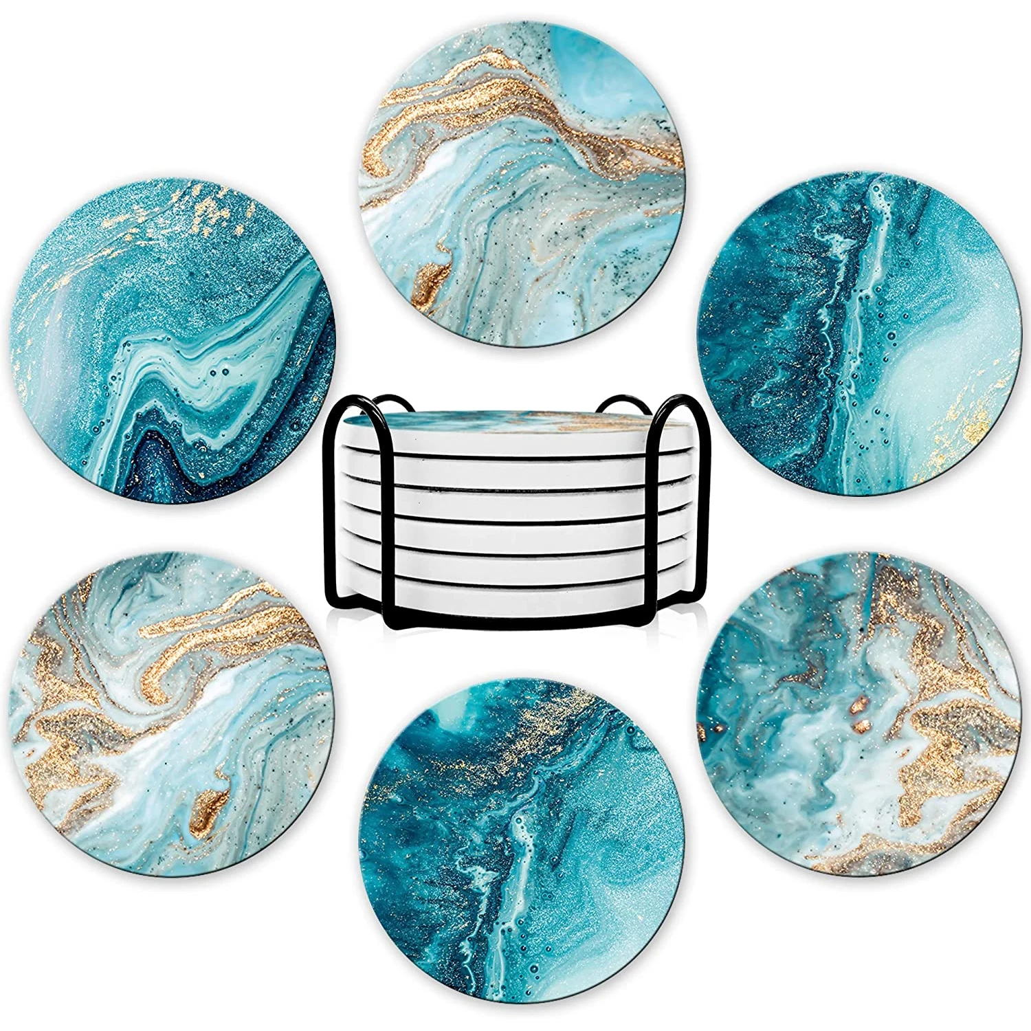 Marble Coaster Set - Conjunto de 6 Porta-Copos com Suporte,