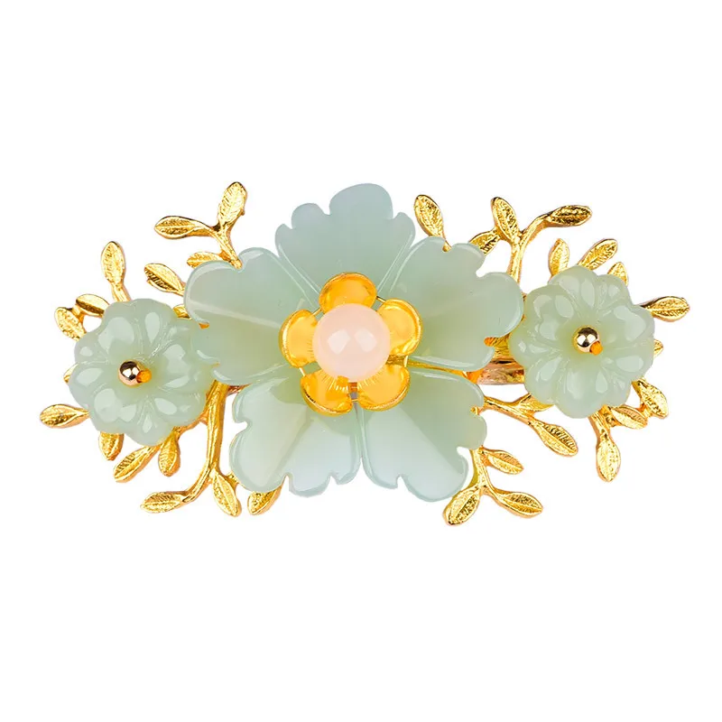 Gold Plated Jewelry - Green Jade Flor Presilha Designer Hairpin,